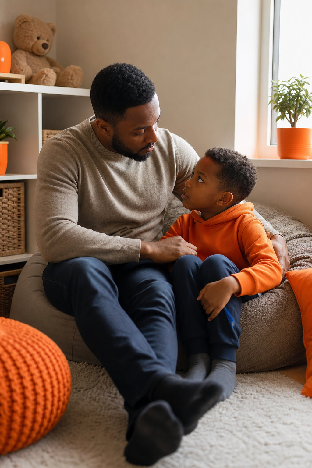 A photorealistic depiction of a parent and child in a calm, cozy corner, engaging in a gentle time‑in moment. Alt: Time‑in moment in a cozy space.